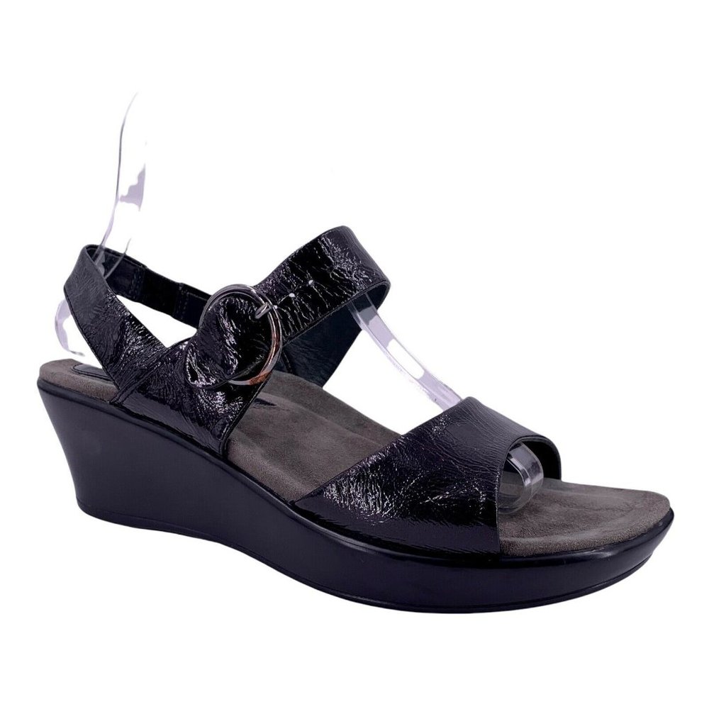 Dansko ADELE Black Patent Wedge Heel Sandals Size 39 Comfort Shoes